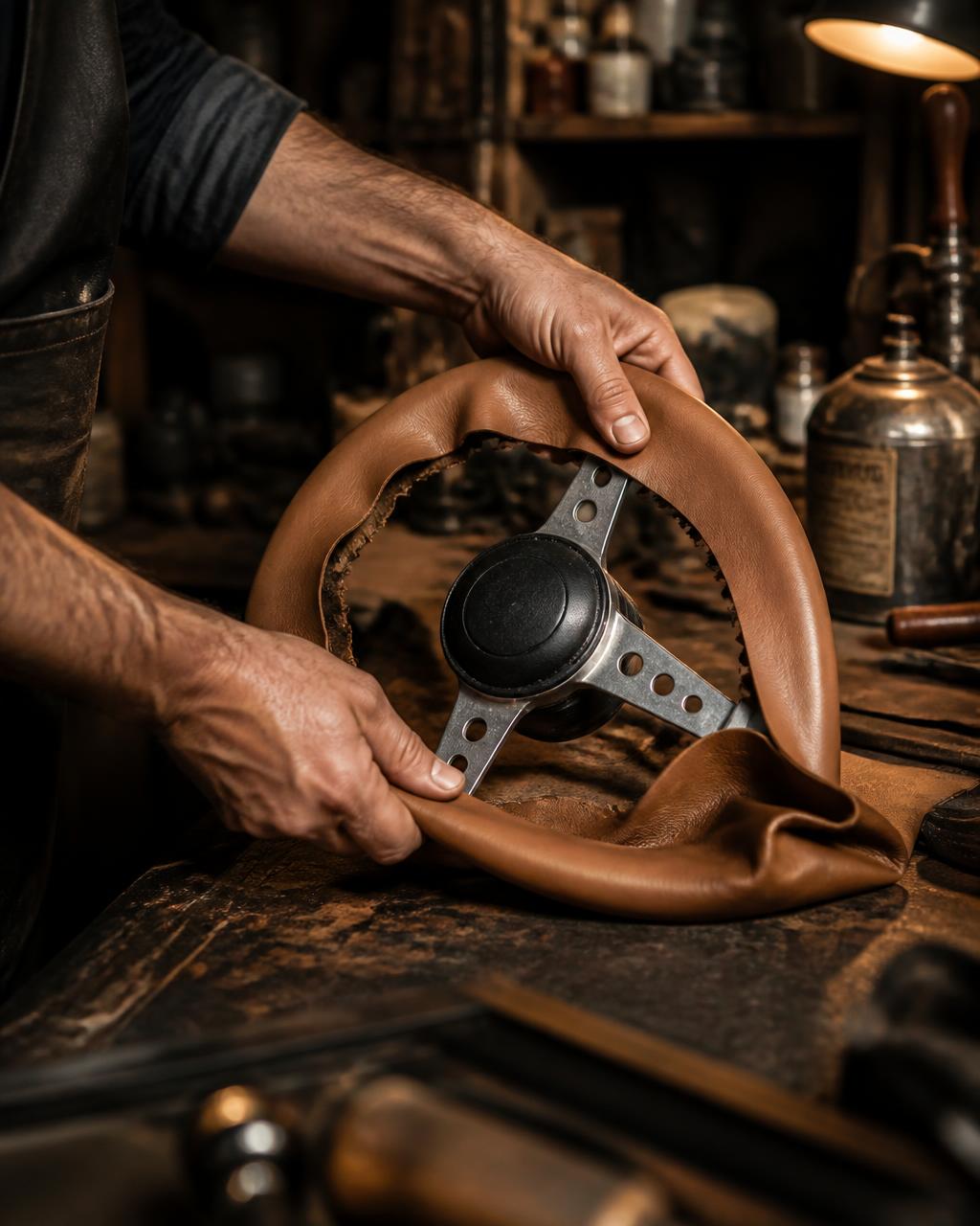 Craftsman stretching leather over a steering wheel in the Al Ettisam workshop